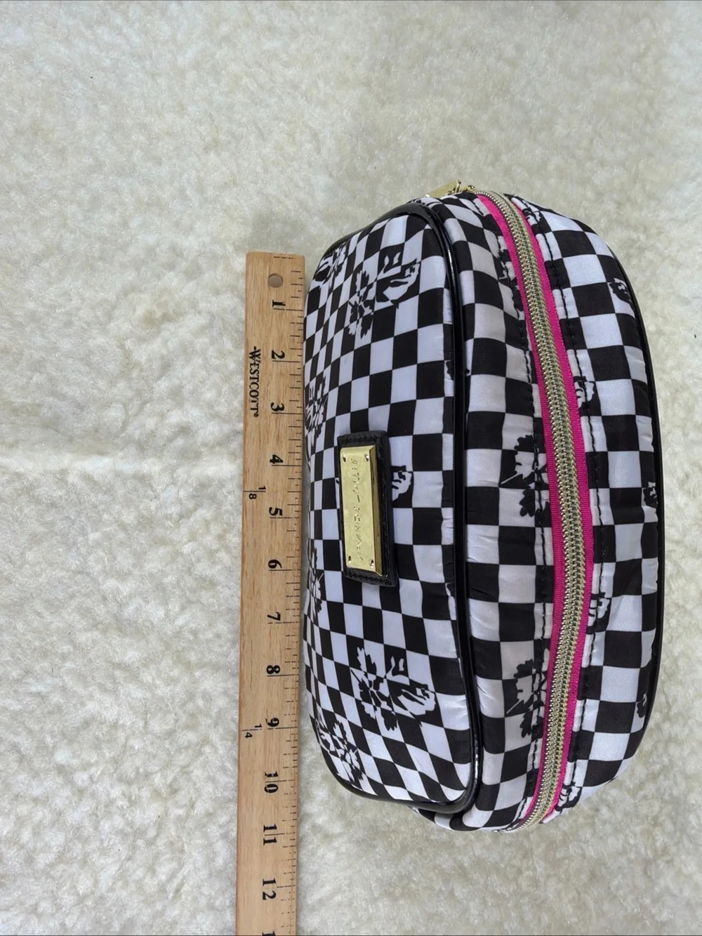 Betsey Johnson Black & White Checkered Cosmetic Pouch with Floral Motif